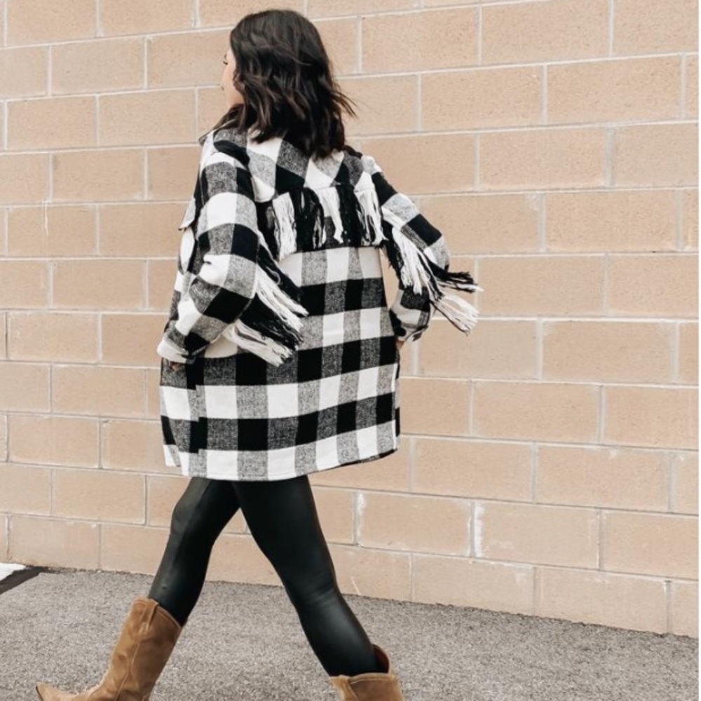 RD STYLE  Fringed Plaid Shirt Jacket